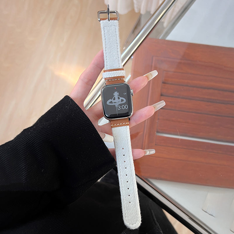 For Apple Watch Series 9 / 8 / 7 41mm / 6 / 5 / 4 / SE / SE (2020) / SE (2023) 40mm / 3 / 2 / 1 38mm Watch Strap Woolen Fabric+PU Band - White For Apple Watch Series 9 / 8 / 7 41mm / 6 / 5 / 4 / SE / SE (2020) / SE (2023) 40mm / 3 / 2 / 1 38mm Watch Strap Woolen Fabric+PU Band - White